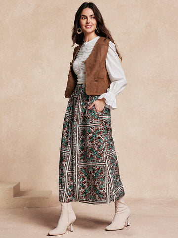 Almamuse Women's Pocket Printing Casual A-Line Skirt Almamuse Women's Pocket Printing Casual A-Line Skirt