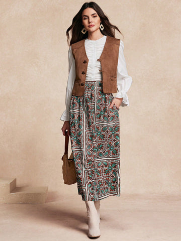 Almamuse Women's Pocket Printing Casual A-Line Skirt Almamuse Women's Pocket Printing Casual A-Line Skirt