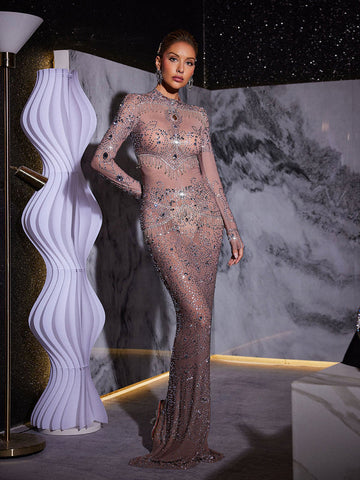 Alonzo Rhinestone Fringe Mesh Maxi Dress Alonzo Rhinestone Fringe Mesh Maxi Dress