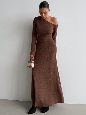 Aloruh Elegant Vintage Dark Coffee Velvet Asymmetric Shoulder Top And A-Line Skirt 2Pcs Outfit Set, Warm For Autumn/Winter Aloruh Elegant Vintage Dark Coffee Velvet Asymmetric Shoulder Top And A-Line Skirt 2Pcs Outfit Set, Warm For Autumn/Winter