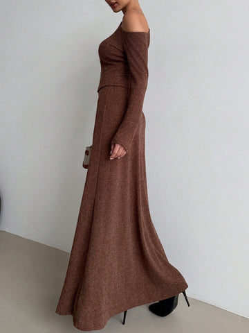 Aloruh Elegant Vintage Dark Coffee Velvet Asymmetric Shoulder Top And A-Line Skirt 2Pcs Outfit Set, Warm For Autumn/Winter Aloruh Elegant Vintage Dark Coffee Velvet Asymmetric Shoulder Top And A-Line Skirt 2Pcs Outfit Set, Warm For Autumn/Winter