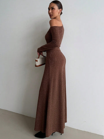 Aloruh Elegant Vintage Dark Coffee Velvet Asymmetric Shoulder Top And A-Line Skirt 2Pcs Outfit Set, Warm For Autumn/Winter Aloruh Elegant Vintage Dark Coffee Velvet Asymmetric Shoulder Top And A-Line Skirt 2Pcs Outfit Set, Warm For Autumn/Winter