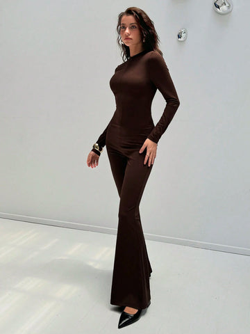 Aloruh Women's Autumn/Winter New Zip-Up Extra Long Flare Leg Skinny Jumpsuit Aloruh Women's Autumn/Winter New Zip-Up Extra Long Flare Leg Skinny Jumpsuit
