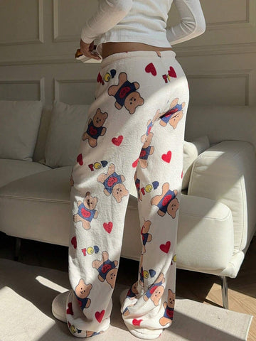 Aloruh Women's Cartoon Bear & Heart Pattern Straight Loose Casual Pants Aloruh Women's Cartoon Bear & Heart Pattern Straight Loose Casual Pants