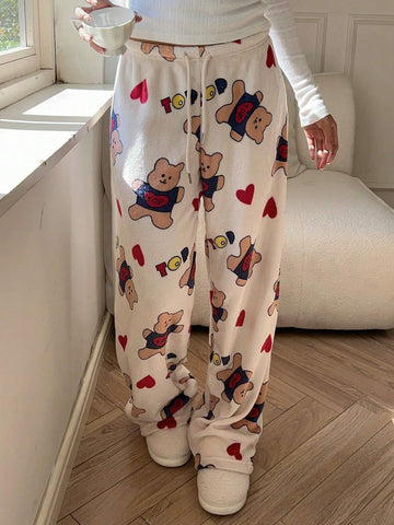 Aloruh Women's Cartoon Bear & Heart Pattern Straight Loose Casual Pants Aloruh Women's Cartoon Bear & Heart Pattern Straight Loose Casual Pants
