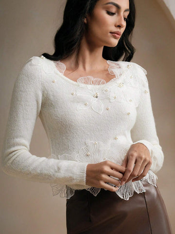 1pc Women 3D Floral Rhinstone Decor Long Sleeve Knitted Turtleneck Christmas Elegant Soft 1pc Women 3D Floral Rhinstone Decor Long Sleeve Knitted Turtleneck Christmas Elegant Soft