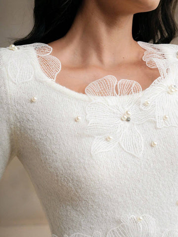 1pc Women 3D Floral Rhinstone Decor Long Sleeve Knitted Turtleneck Christmas Elegant Soft 1pc Women 3D Floral Rhinstone Decor Long Sleeve Knitted Turtleneck Christmas Elegant Soft
