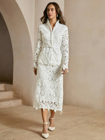 Anewsta 2pcs Women Floral Lace Blouse And A-Line Skirt Set Anewsta 2pcs Women Floral Lace Blouse And A-Line Skirt Set