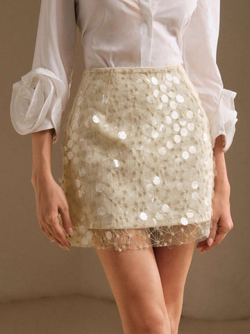 Anewsta Apricot Sequin See-Through Short Skirt For Fashionable Women Anewsta Apricot Sequin See-Through Short Skirt For Fashionable Women