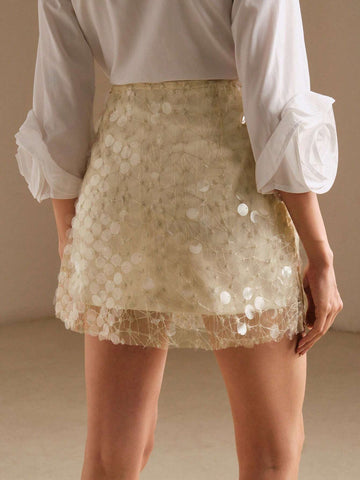 Anewsta Apricot Sequin See-Through Short Skirt For Fashionable Women Anewsta Apricot Sequin See-Through Short Skirt For Fashionable Women