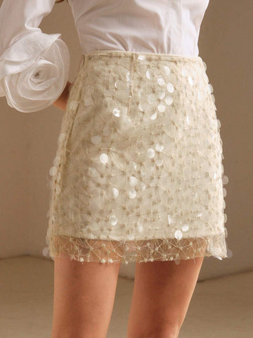 Anewsta Apricot Sequin See-Through Short Skirt For Fashionable Women Anewsta Apricot Sequin See-Through Short Skirt For Fashionable Women