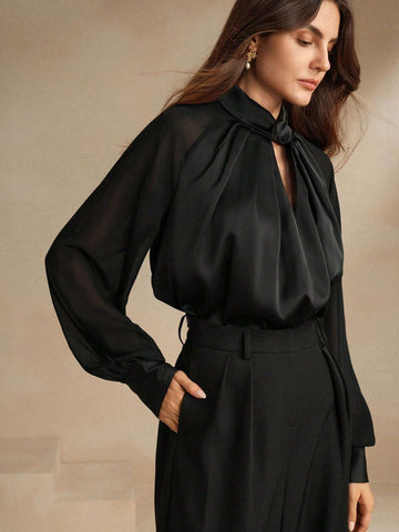 Anewsta Black Modern Urban Hollow-Out Satin Long Sleeve Shirt Anewsta Black Modern Urban Hollow-Out Satin Long Sleeve Shirt