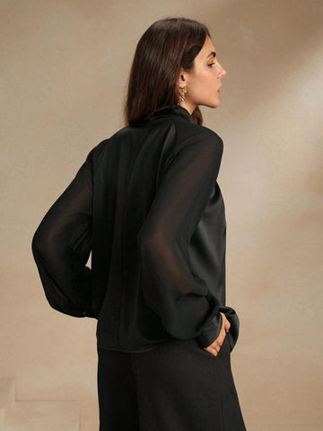 Anewsta Black Modern Urban Hollow-Out Satin Long Sleeve Shirt Anewsta Black Modern Urban Hollow-Out Satin Long Sleeve Shirt