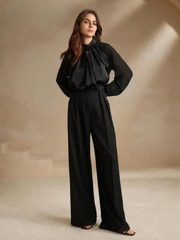Anewsta Black Modern Urban Hollow-Out Satin Long Sleeve Shirt Anewsta Black Modern Urban Hollow-Out Satin Long Sleeve Shirt