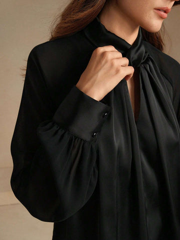 Anewsta Black Modern Urban Hollow-Out Satin Long Sleeve Shirt Anewsta Black Modern Urban Hollow-Out Satin Long Sleeve Shirt