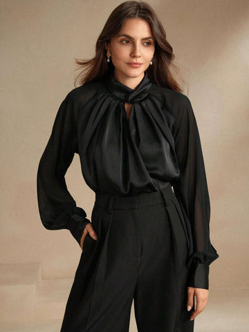 Anewsta Black Modern Urban Hollow-Out Satin Long Sleeve Shirt Anewsta Black Modern Urban Hollow-Out Satin Long Sleeve Shirt