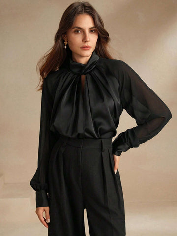 Anewsta Black Modern Urban Hollow-Out Satin Long Sleeve Shirt Anewsta Black Modern Urban Hollow-Out Satin Long Sleeve Shirt