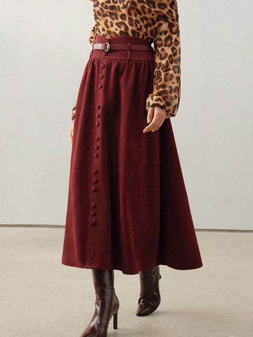 Anewsta Burgundy Elegant Vintage Christmas Suede A-Line High Waist Skirt For Women Maxi Women Outfit Anewsta Burgundy Elegant Vintage Christmas Suede A-Line High Waist Skirt For Women Maxi Women Outfit