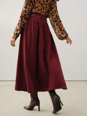 Anewsta Burgundy Elegant Vintage Christmas Suede A-Line High Waist Skirt For Women Maxi Women Outfit Anewsta Burgundy Elegant Vintage Christmas Suede A-Line High Waist Skirt For Women Maxi Women Outfit