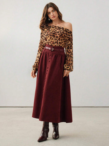Anewsta Burgundy Elegant Vintage Christmas Suede A-Line High Waist Skirt For Women Maxi Women Outfit Anewsta Burgundy Elegant Vintage Christmas Suede A-Line High Waist Skirt For Women Maxi Women Outfit