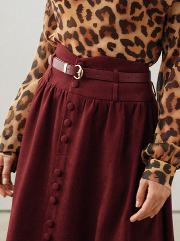 Anewsta Burgundy Elegant Vintage Christmas Suede A-Line High Waist Skirt For Women Maxi Women Outfit Anewsta Burgundy Elegant Vintage Christmas Suede A-Line High Waist Skirt For Women Maxi Women Outfit