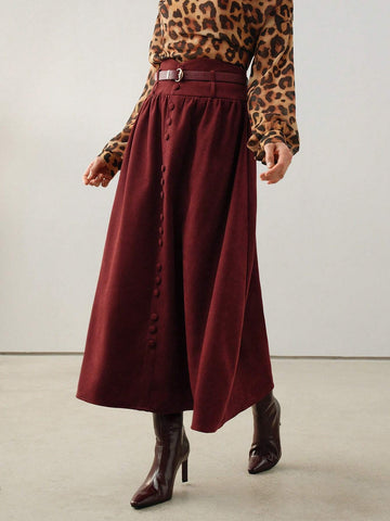Anewsta Burgundy Elegant Vintage Christmas Suede A-Line High Waist Skirt For Women Maxi Women Outfit Anewsta Burgundy Elegant Vintage Christmas Suede A-Line High Waist Skirt For Women Maxi Women Outfit