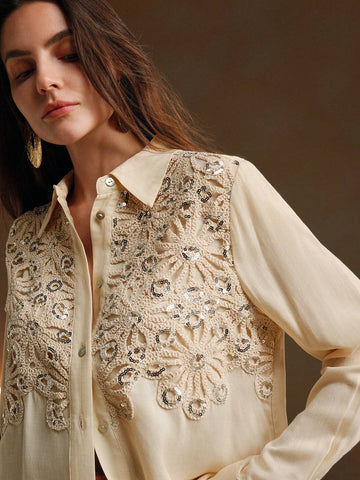 Anewsta Casual Apricot Floral Applique Collar Long Sleeve Sequin Splice Chiffon Blouse For Women Anewsta Casual Apricot Floral Applique Collar Long Sleeve Sequin Splice Chiffon Blouse For Women