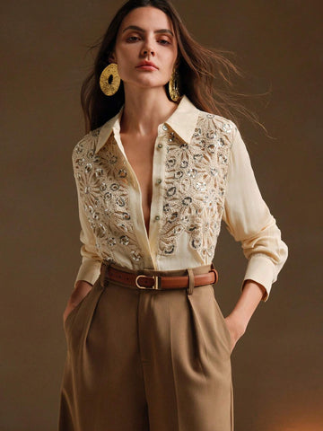 Anewsta Casual Apricot Floral Applique Collar Long Sleeve Sequin Splice Chiffon Blouse For Women Anewsta Casual Apricot Floral Applique Collar Long Sleeve Sequin Splice Chiffon Blouse For Women