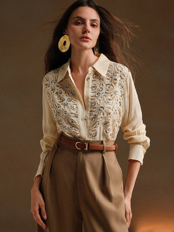 Anewsta Casual Apricot Floral Applique Collar Long Sleeve Sequin Splice Chiffon Blouse For Women Anewsta Casual Apricot Floral Applique Collar Long Sleeve Sequin Splice Chiffon Blouse For Women