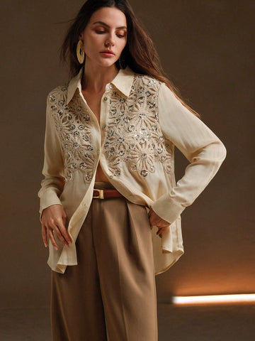 Anewsta Casual Apricot Floral Applique Collar Long Sleeve Sequin Splice Chiffon Blouse For Women Anewsta Casual Apricot Floral Applique Collar Long Sleeve Sequin Splice Chiffon Blouse For Women
