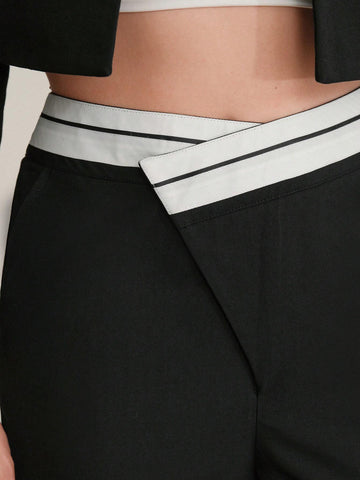 Anewsta Contrast Waist Flare Leg Pants Anewsta Contrast Waist Flare Leg Pants