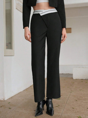 Anewsta Contrast Waist Flare Leg Pants Anewsta Contrast Waist Flare Leg Pants