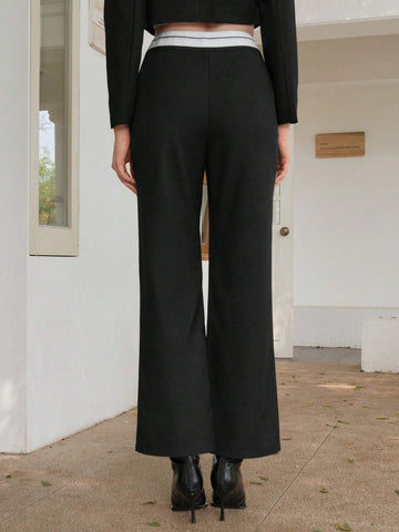 Anewsta Contrast Waist Flare Leg Pants Anewsta Contrast Waist Flare Leg Pants