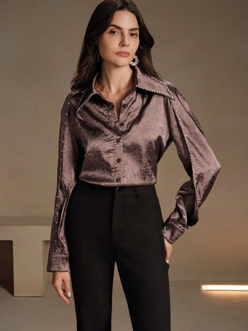 Anewsta Decorated Collar, Cuff & Yoke Pleated Satin Shirt With Sparkling Rhinestones Anewsta Decorated Collar, Cuff & Yoke Pleated Satin Shirt With Sparkling Rhinestones