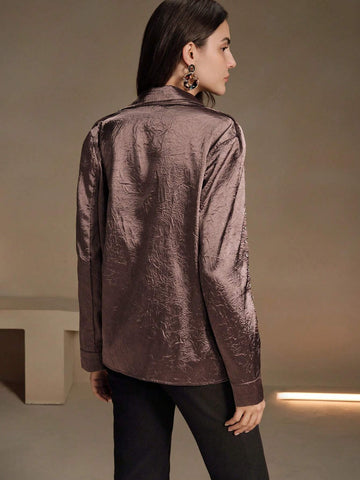 Anewsta Decorated Collar, Cuff & Yoke Pleated Satin Shirt With Sparkling Rhinestones Anewsta Decorated Collar, Cuff & Yoke Pleated Satin Shirt With Sparkling Rhinestones