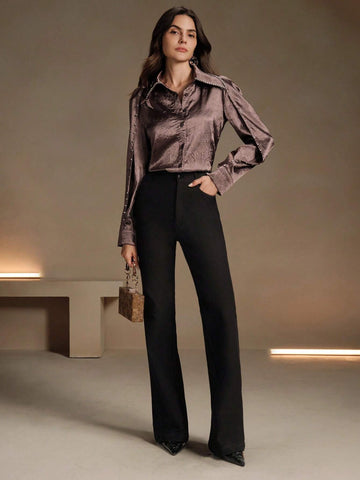 Anewsta Decorated Collar, Cuff & Yoke Pleated Satin Shirt With Sparkling Rhinestones Anewsta Decorated Collar, Cuff & Yoke Pleated Satin Shirt With Sparkling Rhinestones