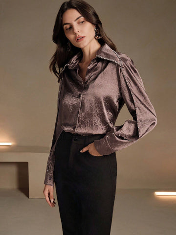 Anewsta Decorated Collar, Cuff & Yoke Pleated Satin Shirt With Sparkling Rhinestones Anewsta Decorated Collar, Cuff & Yoke Pleated Satin Shirt With Sparkling Rhinestones