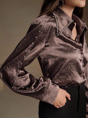 Anewsta Decorated Collar, Cuff & Yoke Pleated Satin Shirt With Sparkling Rhinestones Anewsta Decorated Collar, Cuff & Yoke Pleated Satin Shirt With Sparkling Rhinestones