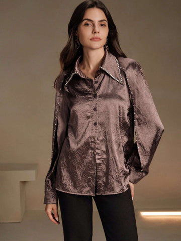 Anewsta Decorated Collar, Cuff & Yoke Pleated Satin Shirt With Sparkling Rhinestones Anewsta Decorated Collar, Cuff & Yoke Pleated Satin Shirt With Sparkling Rhinestones