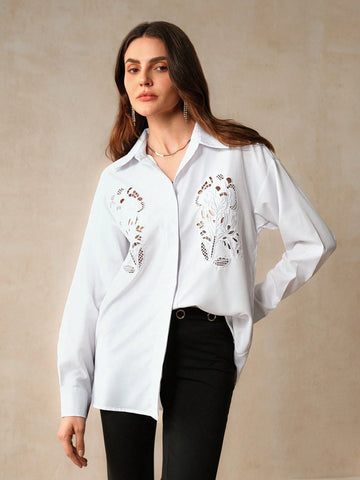 Anewsta Elegant And Delicate Embroidered White Loose-Fit Ladies' Shirt For Commuting Anewsta Elegant And Delicate Embroidered White Loose-Fit Ladies' Shirt For Commuting