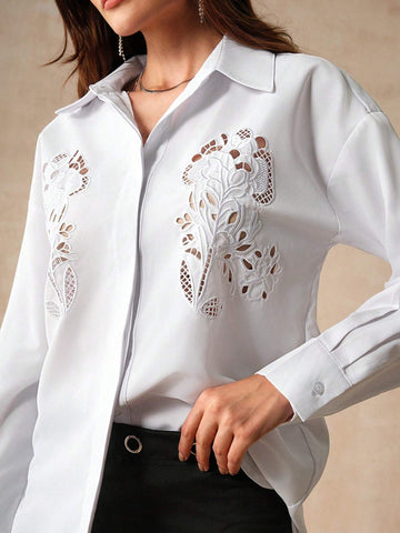 Anewsta Elegant And Delicate Embroidered White Loose-Fit Ladies' Shirt For Commuting Anewsta Elegant And Delicate Embroidered White Loose-Fit Ladies' Shirt For Commuting
