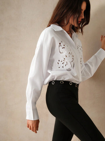 Anewsta Elegant And Delicate Embroidered White Loose-Fit Ladies' Shirt For Commuting Anewsta Elegant And Delicate Embroidered White Loose-Fit Ladies' Shirt For Commuting