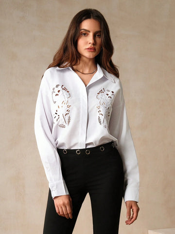 Anewsta Elegant And Delicate Embroidered White Loose-Fit Ladies' Shirt For Commuting Anewsta Elegant And Delicate Embroidered White Loose-Fit Ladies' Shirt For Commuting