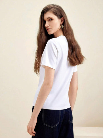 Anewsta Elegant Daily Wear Asymmetrical Butterfly Cutout Embroidery Design White Slim Fit Women's T-Shirt Anewsta Elegant Daily Wear Asymmetrical Butterfly Cutout Embroidery Design White Slim Fit Women's T-Shirt