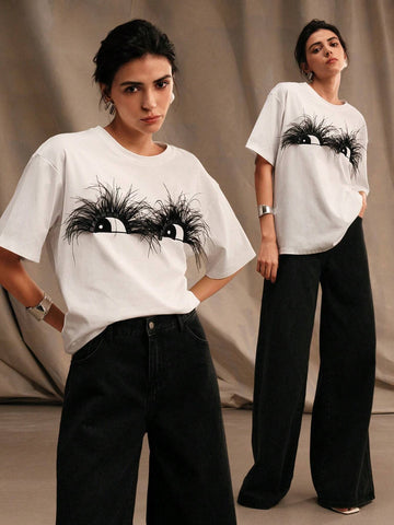 Feather Eye Design Women's White Cotton T-Shirt Feather Eye Design Women's White Cotton T-Shirt