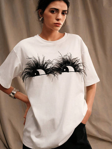 Feather Eye Design Women's White Cotton T-Shirt Feather Eye Design Women's White Cotton T-Shirt