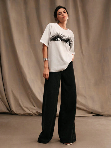 Feather Eye Design Women's White Cotton T-Shirt Feather Eye Design Women's White Cotton T-Shirt