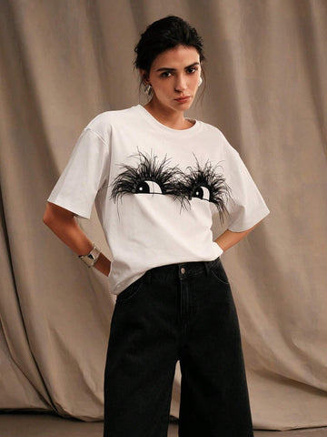 Feather Eye Design Women's White Cotton T-Shirt Feather Eye Design Women's White Cotton T-Shirt