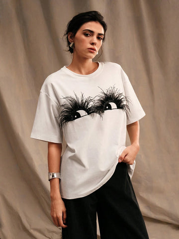 Feather Eye Design Women's White Cotton T-Shirt Feather Eye Design Women's White Cotton T-Shirt