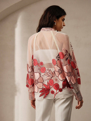 Anewsta Exquisite Flower Embroidery & Beaded Decorated Women Sheer Stand Collar Long Sleeve Shirt Anewsta Exquisite Flower Embroidery & Beaded Decorated Women Sheer Stand Collar Long Sleeve Shirt